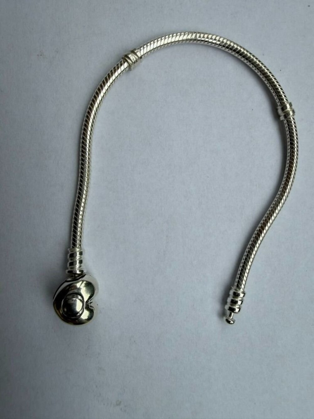 PANDORA Vintage Sterling Silver Snake Chain Heart Clasp Charm Bracelet